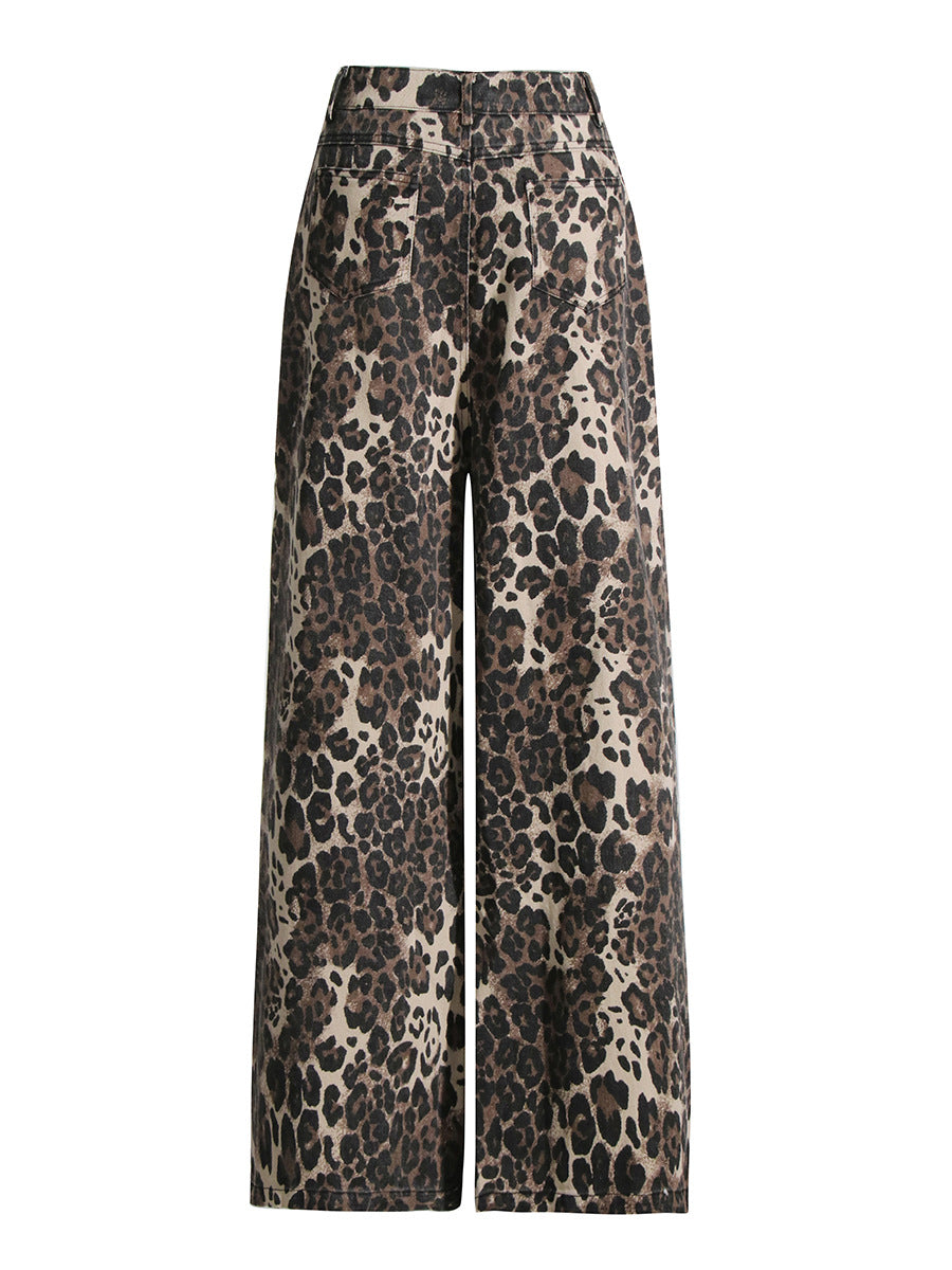 Retro Leopard Print High-Waisted Straight Leg Distressed Jeans