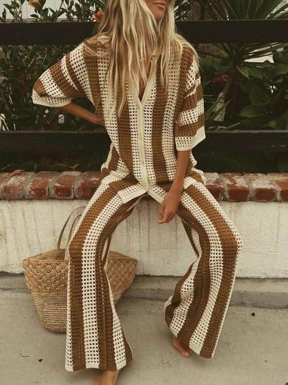 Chic Striped Wide Leg Pants Set with Loose V-Neck Hollow Out Top