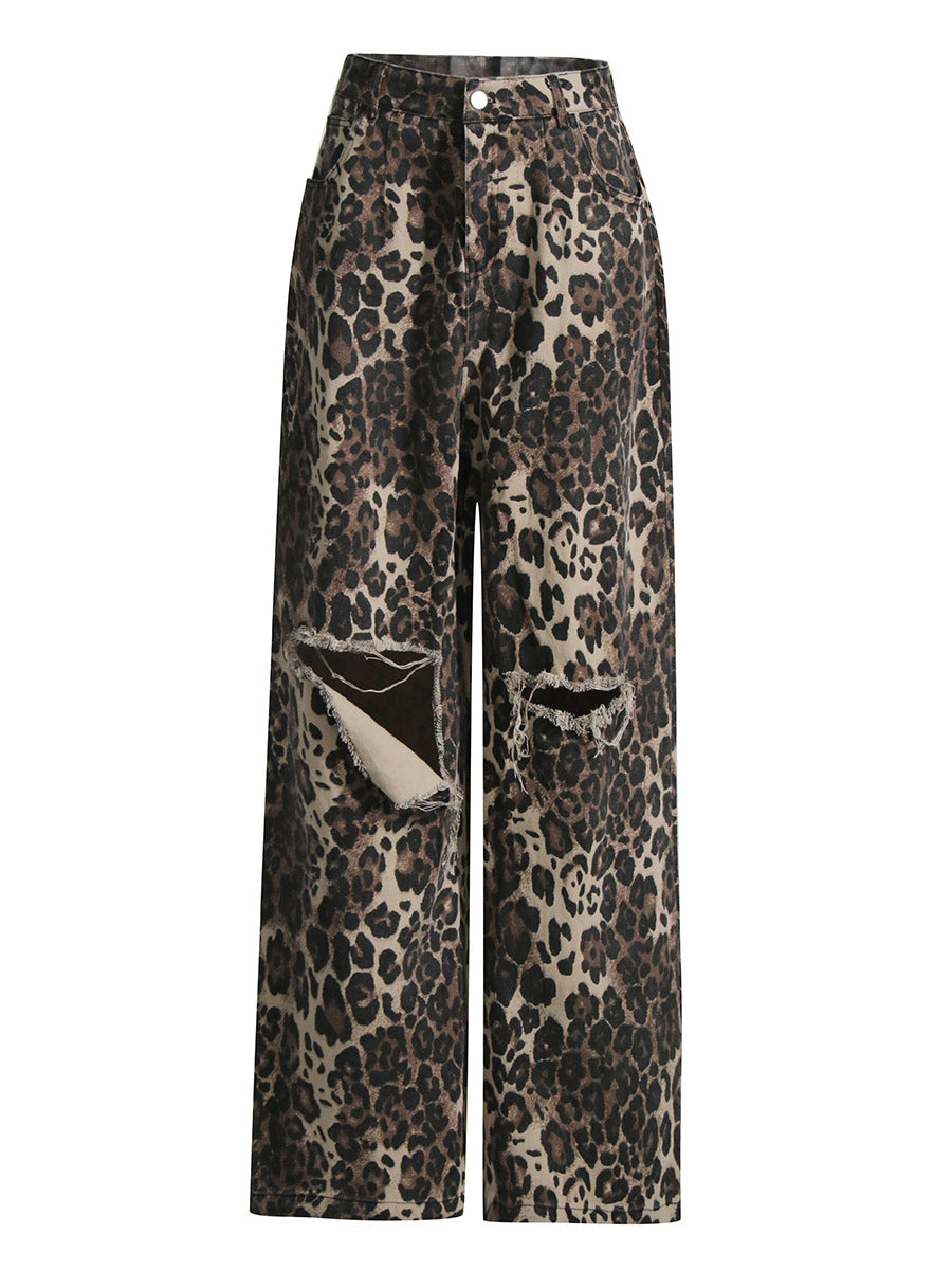 Retro Leopard Print High-Waisted Straight Leg Distressed Jeans