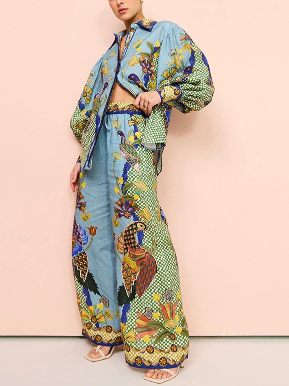 Two-Piece Set with Printed Puff Sleeve Top