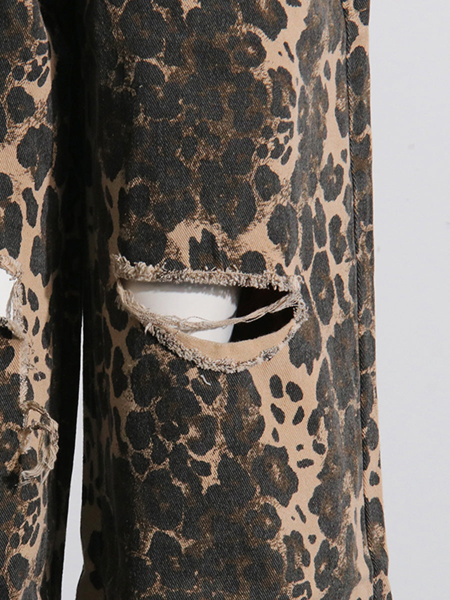 Retro Leopard Print High-Waisted Straight Leg Distressed Jeans