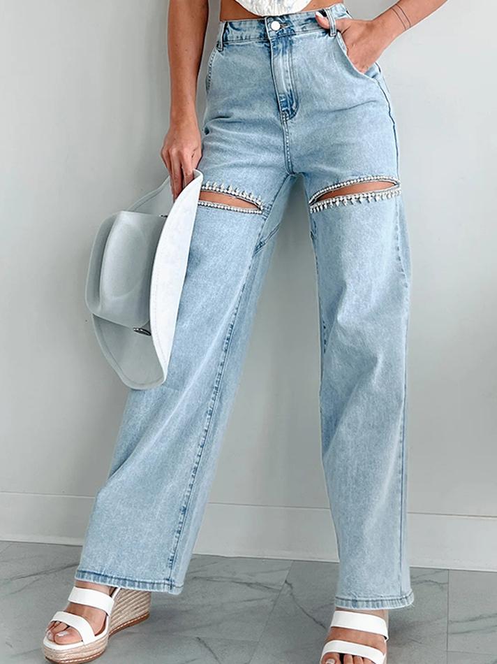 Distressed Straight Jeans with Rhinestone Accents