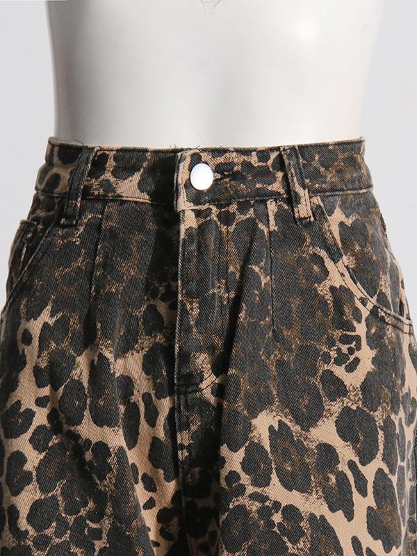 Retro Leopard Print High-Waisted Straight Leg Distressed Jeans