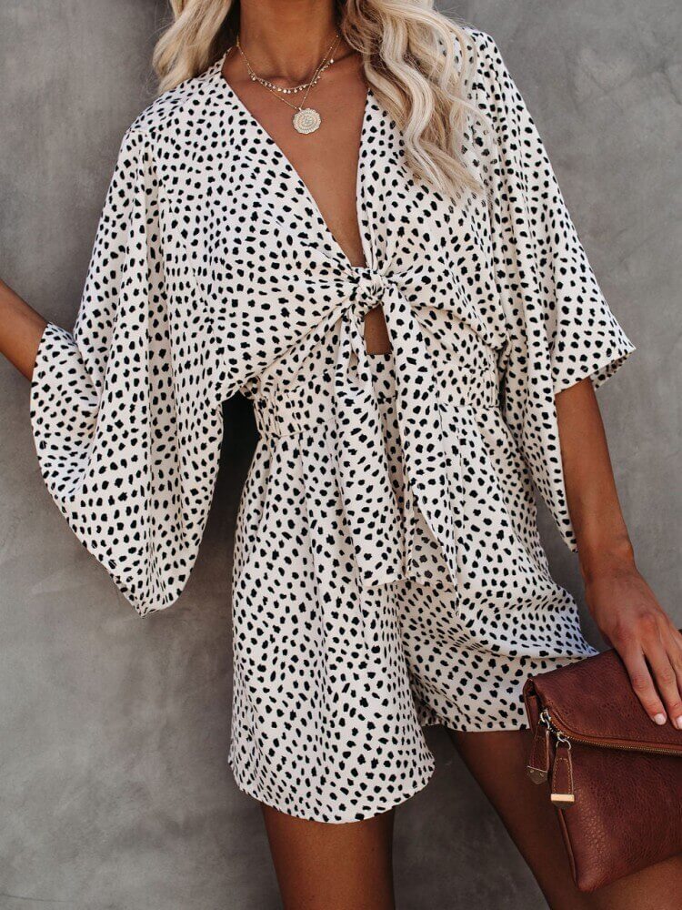 Polka Dot V-Neck Tie Romper with Pockets