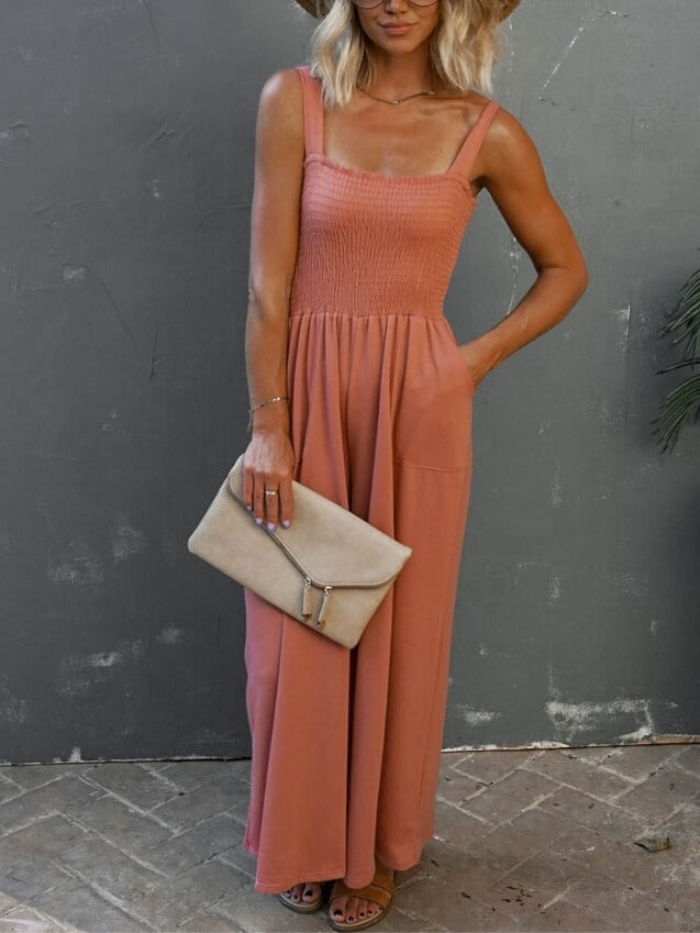 Orange Smocked Jumpsuit with Pockets