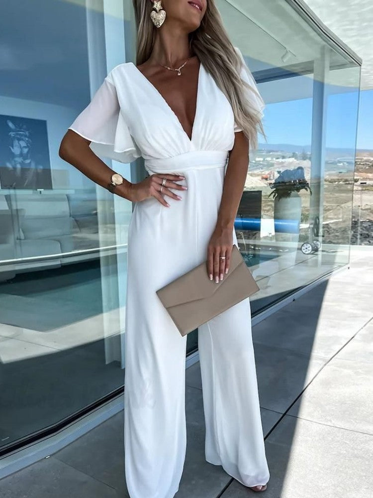 White V-Neck Mousseline Jumpsuit with Flutter Sleeves