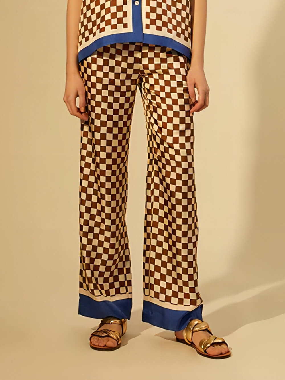 Distinctive Blue Stripe Checkerboard Print Loose-Fit Elastic Pants Set