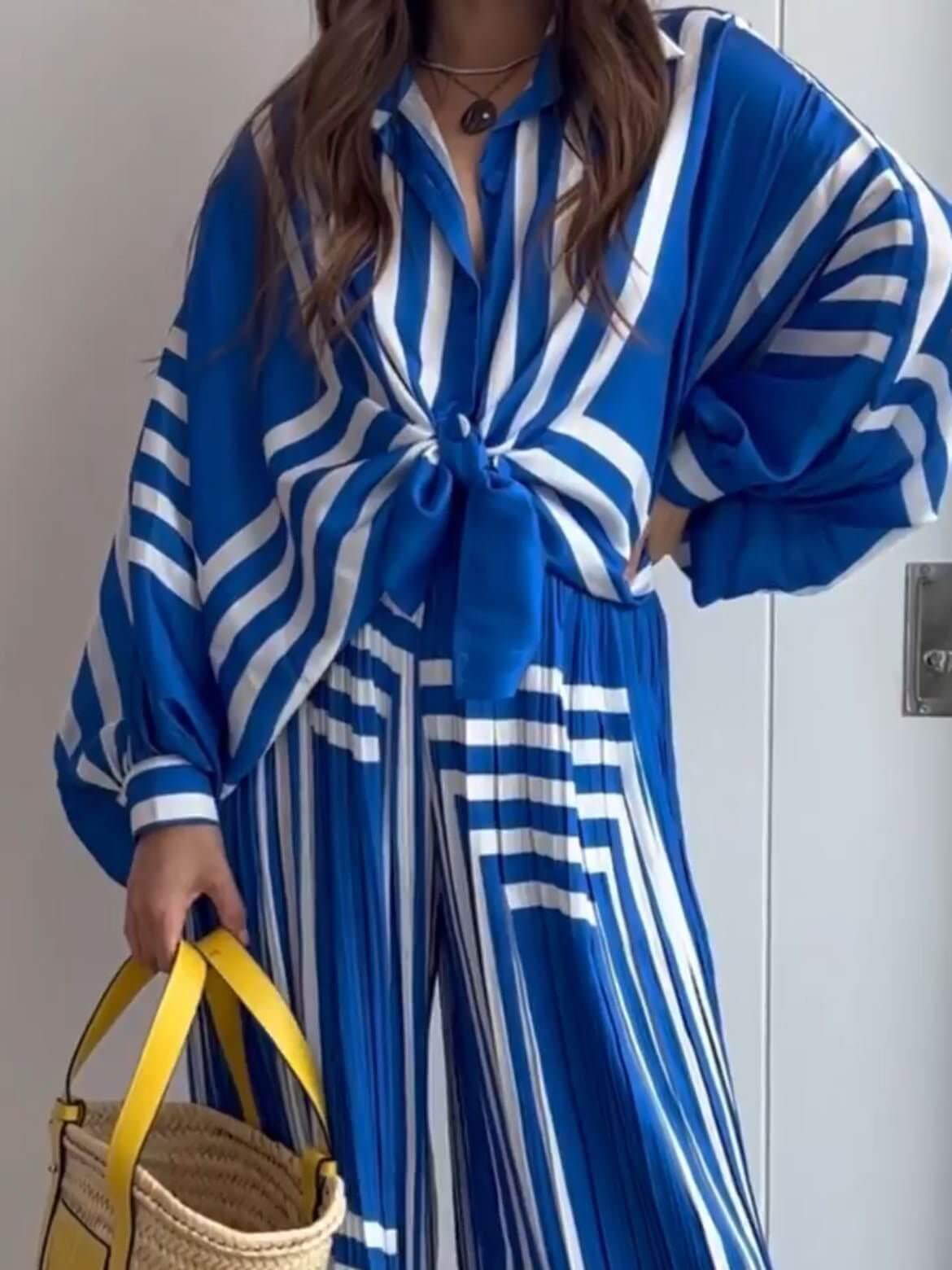 Geometric Striped Long Sleeve Shirt and Wide Leg Trouser Set