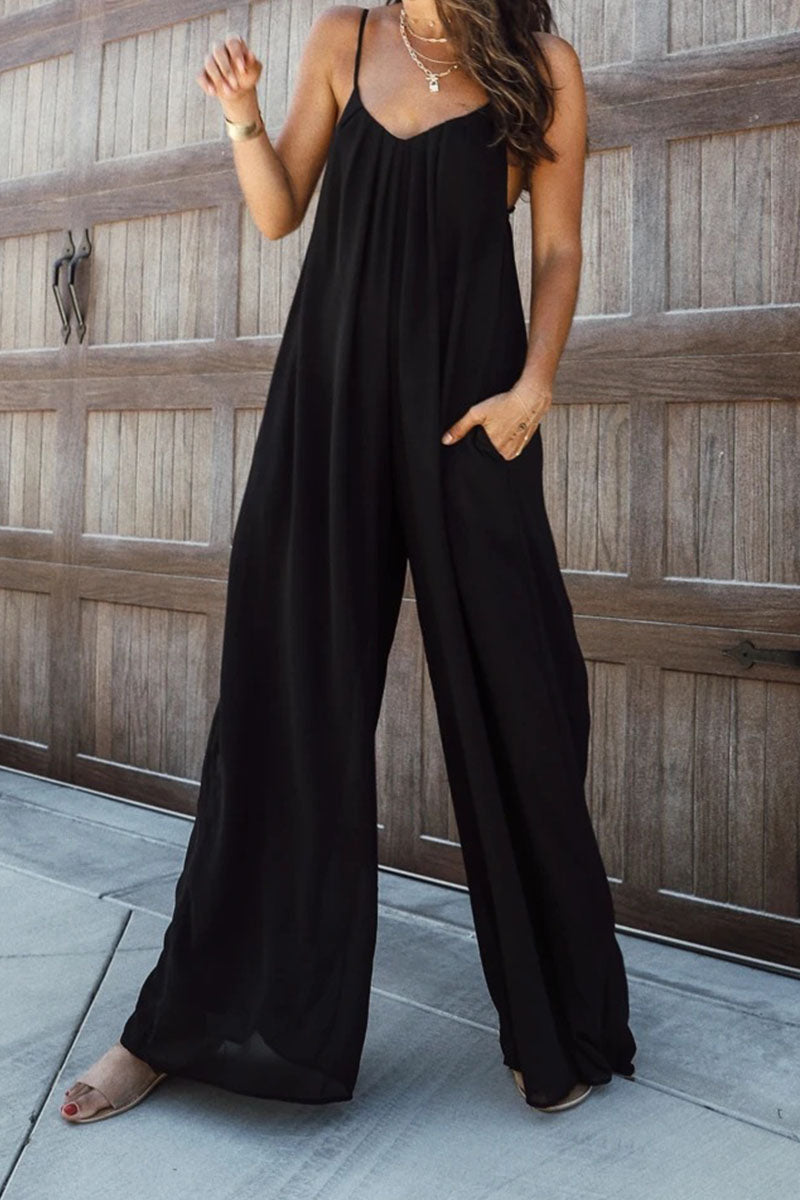 Black Oversized Maxi Jumpsuit with Solid Patchwork and Spaghetti Straps