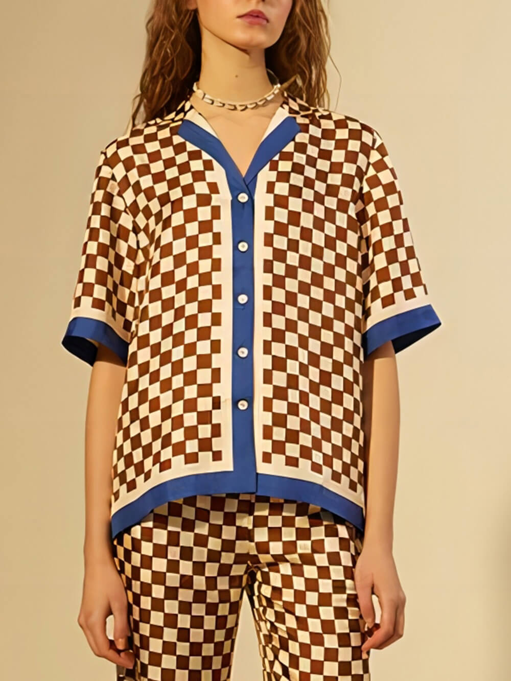 Distinctive Blue Stripe Checkerboard Print Loose-Fit Elastic Pants Set