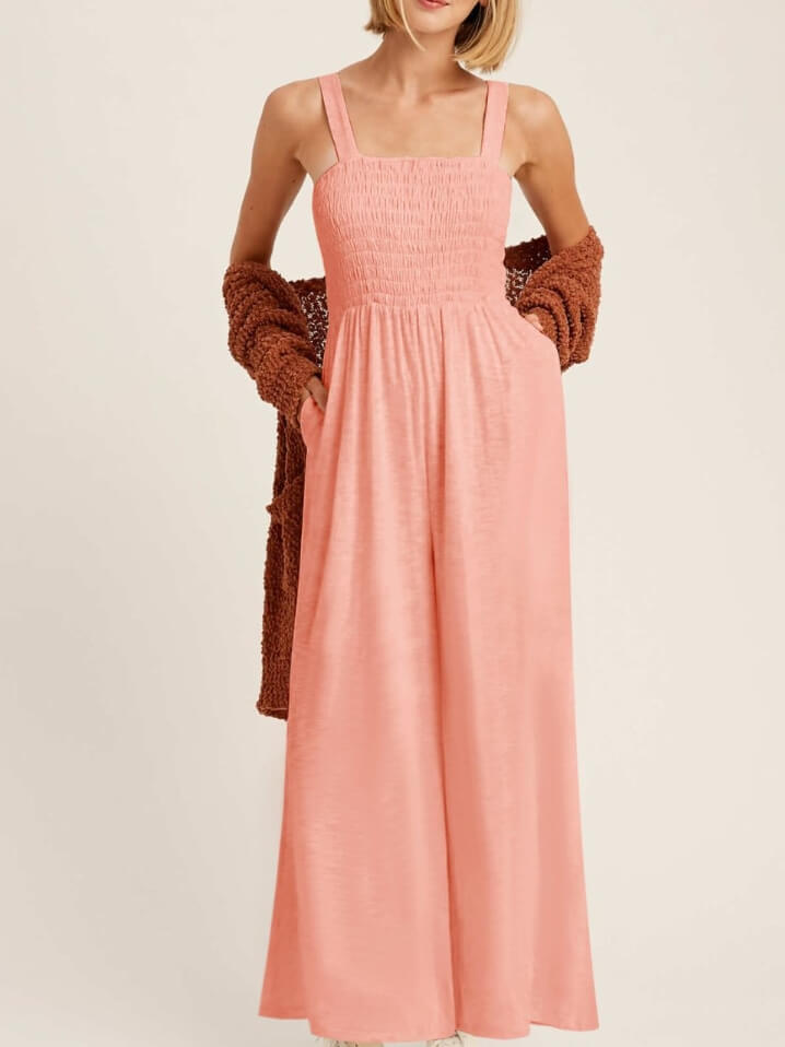 Peach Smocked Jumpsuit with Pockets