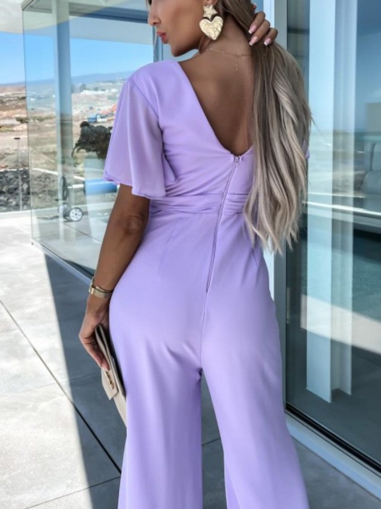 Lilac V-Neck Flutter Sleeve Mousseline Jumpsuit
