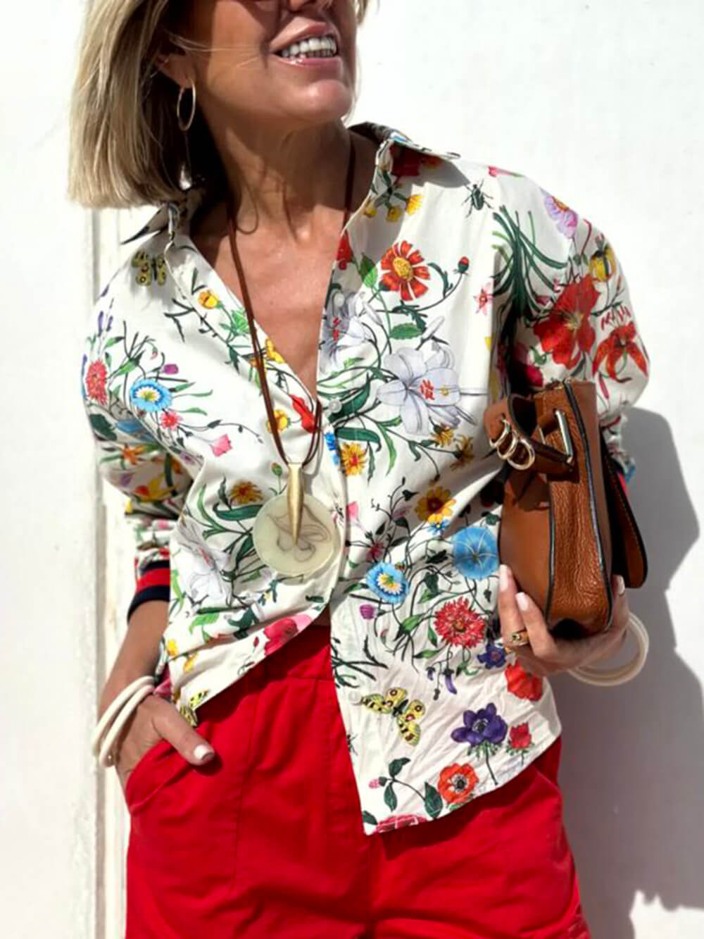 Floral Print Wide Leg Trousers with Elastic Waist and Pockets - Set