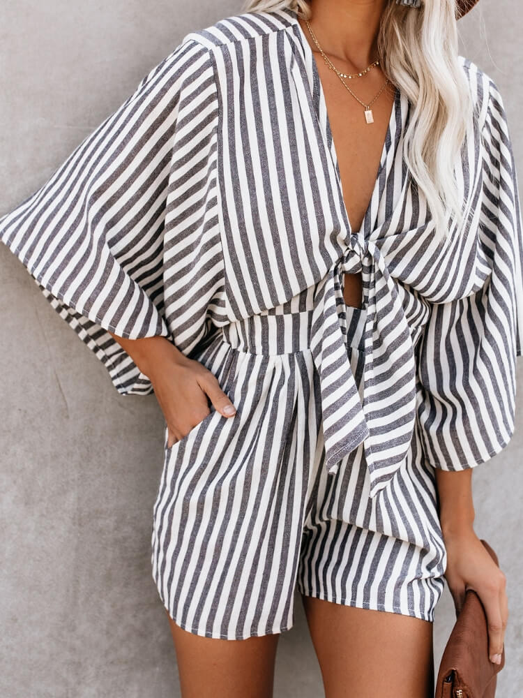 V-Neck Cotton Tie Romper with Pockets