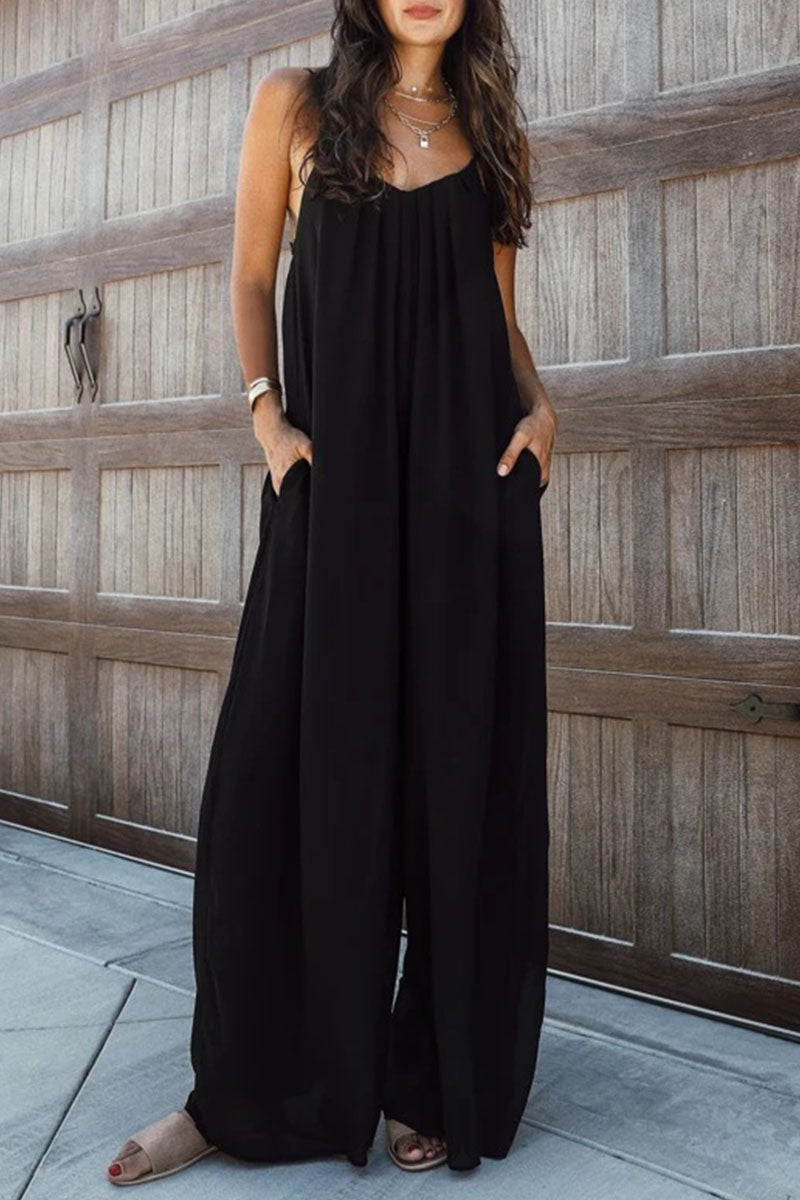 Black Oversized Maxi Jumpsuit with Solid Patchwork and Spaghetti Straps