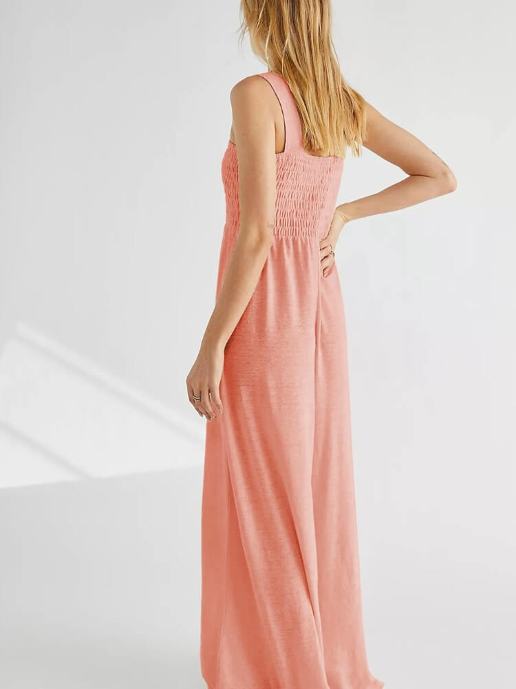 Peach Smocked Jumpsuit with Pockets