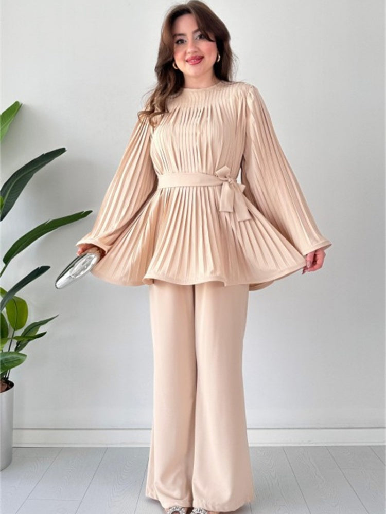 Pleated Flare Top and Pants Ensemble