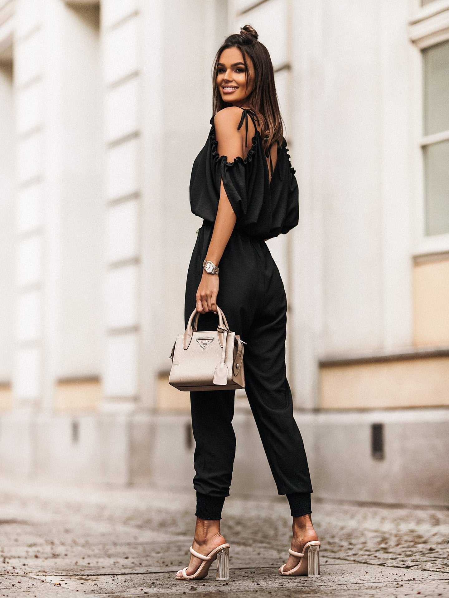 V-Neck Cold Shoulder Jumpsuit with Pencil Pants