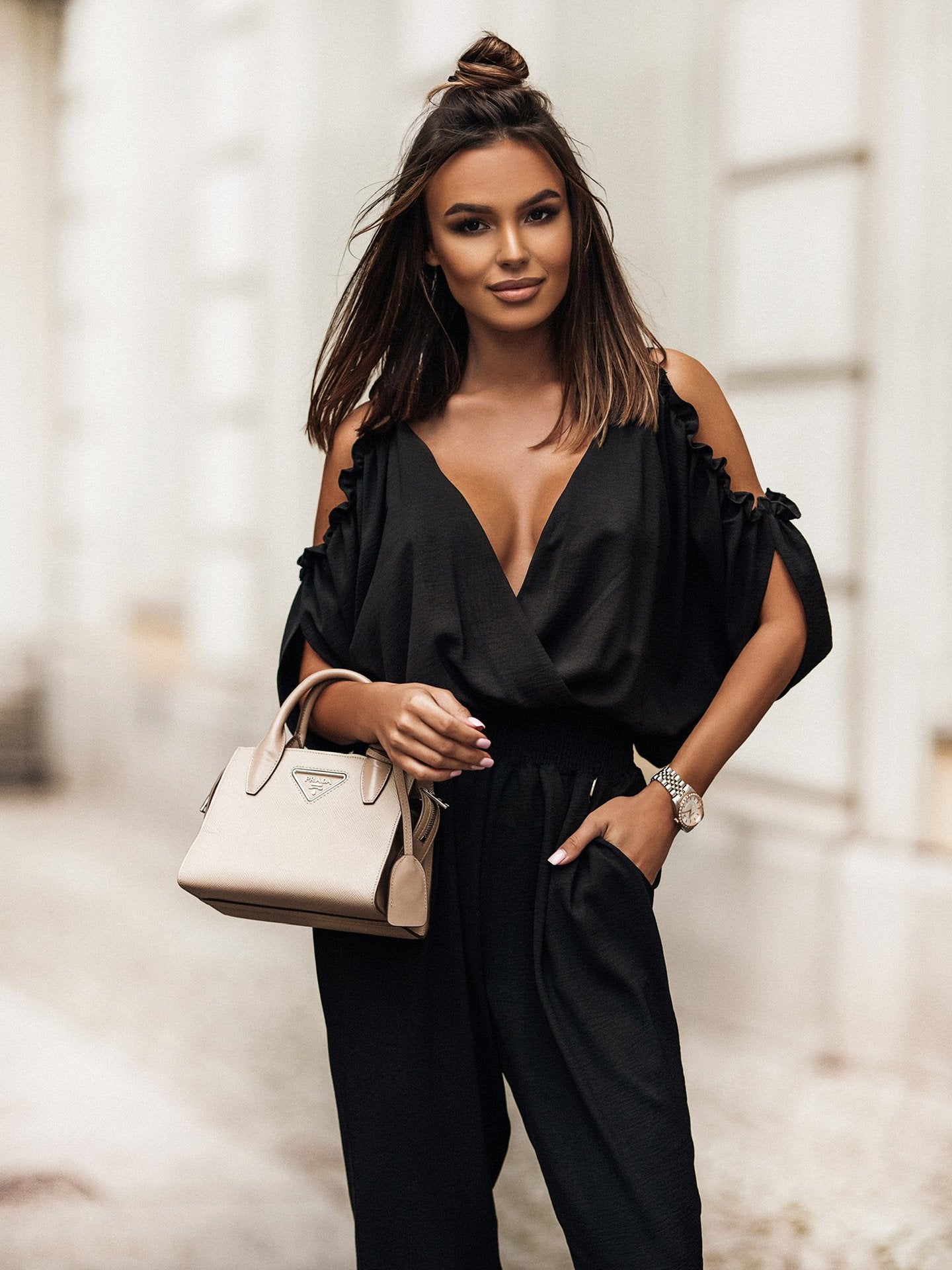 V-Neck Cold Shoulder Jumpsuit with Pencil Pants