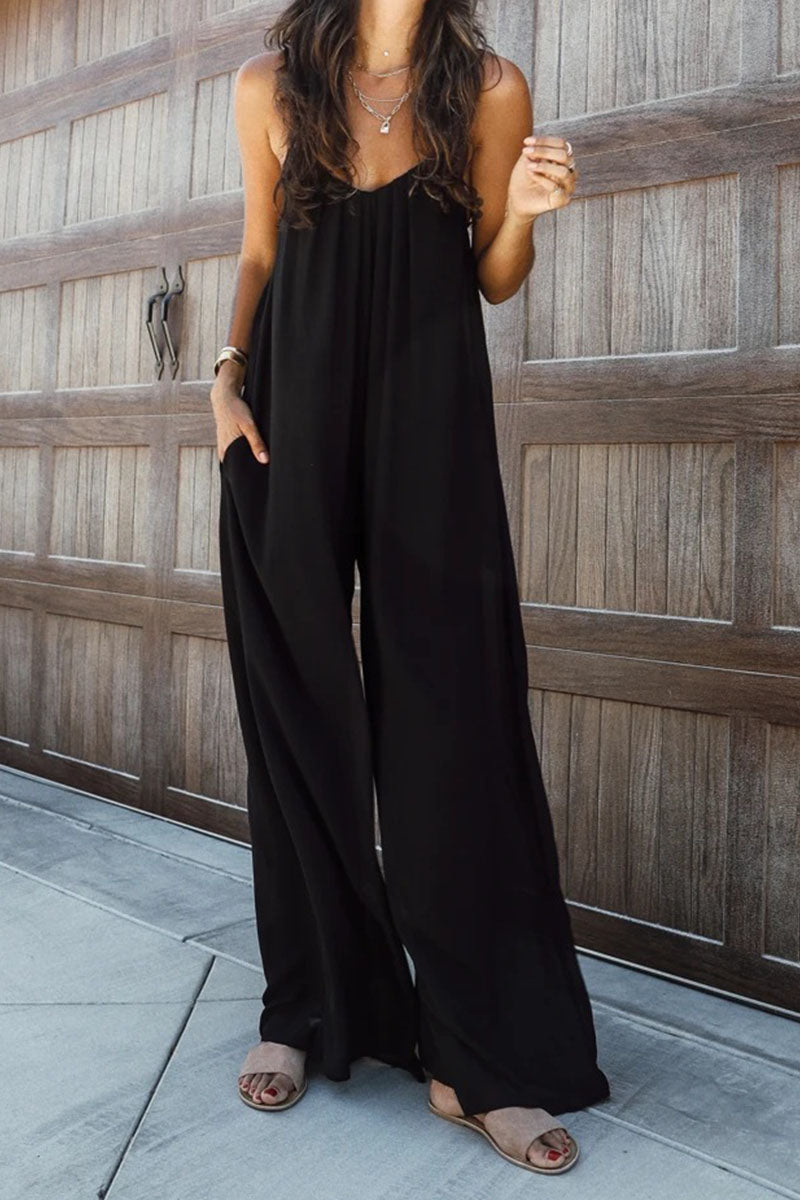 Black Oversized Maxi Jumpsuit with Solid Patchwork and Spaghetti Straps