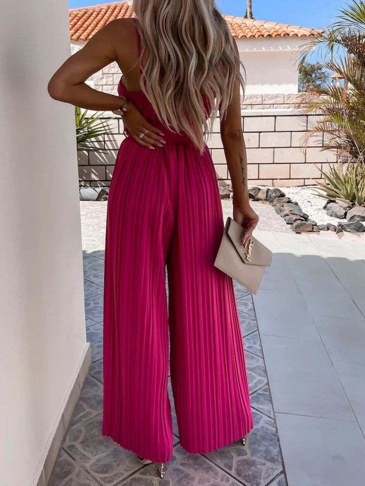 Barbie Pink Strappy Jumpsuit with Wide Leg Pleated Design