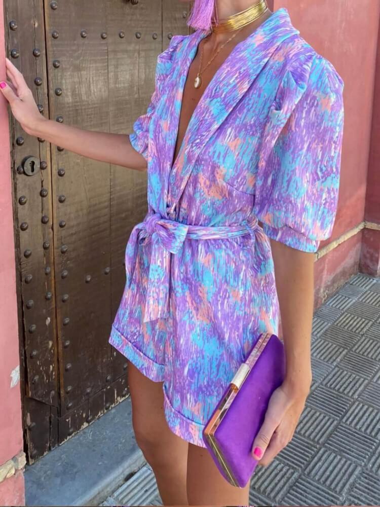 Purple Floral Puff Sleeve Romper