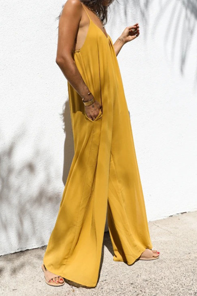 Yellow Oversized Maxi Jumpsuit with Solid Patchwork and Spaghetti Straps