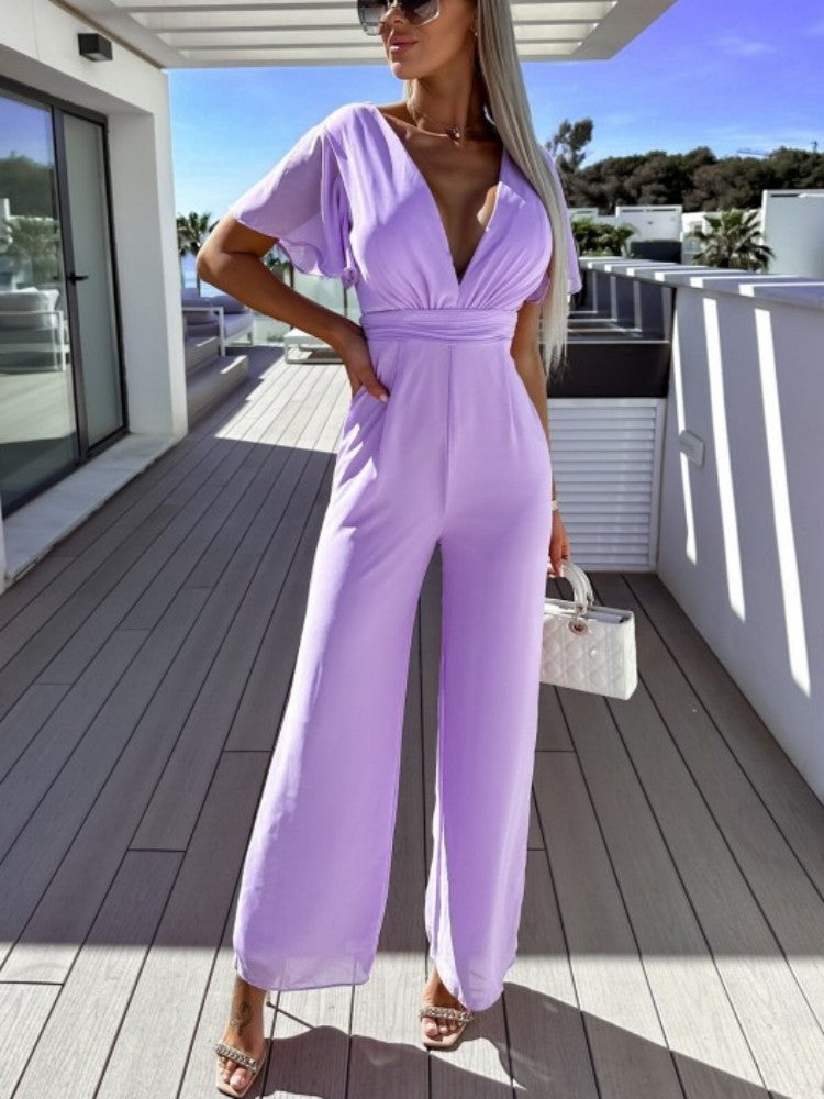 Lilac V-Neck Flutter Sleeve Mousseline Jumpsuit