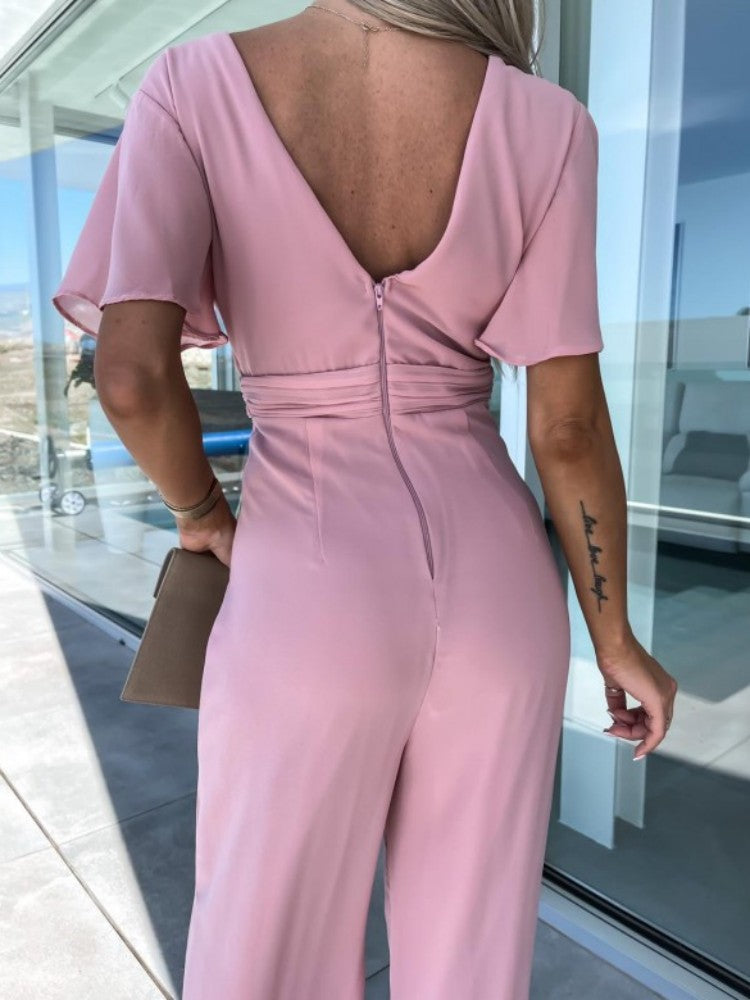 Dark Pink V-Neck Mousseline Jumpsuit with Flutter Sleeves