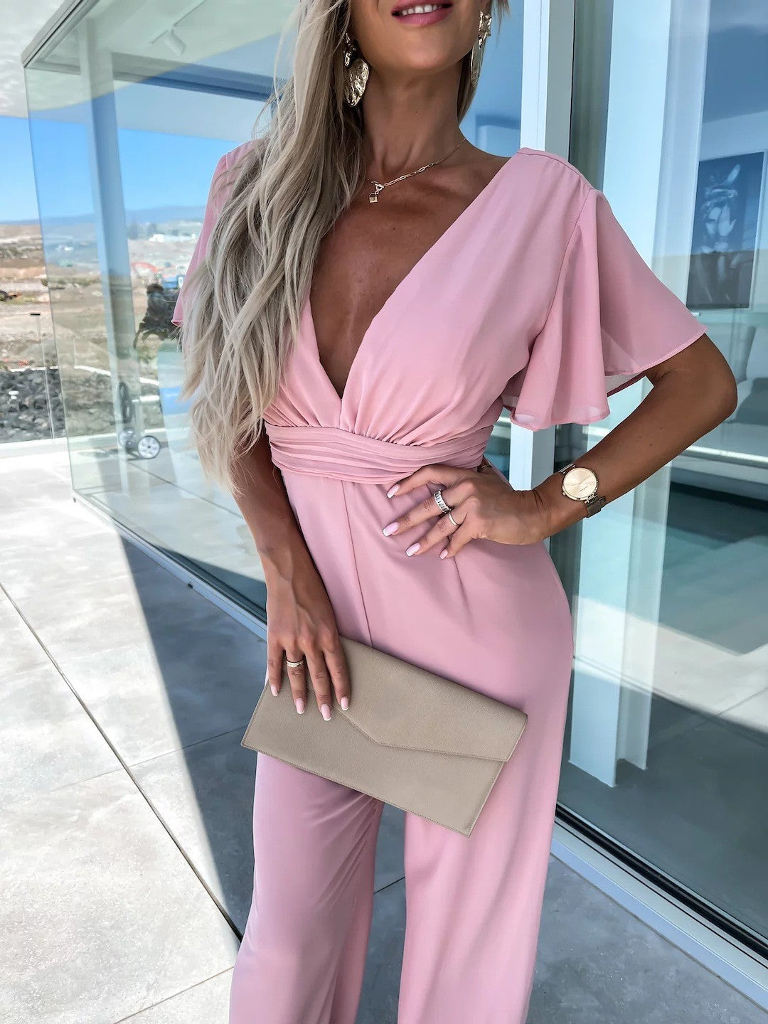 Dark Pink V-Neck Mousseline Jumpsuit with Flutter Sleeves