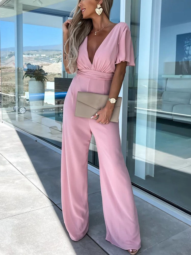Dark Pink V-Neck Mousseline Jumpsuit with Flutter Sleeves