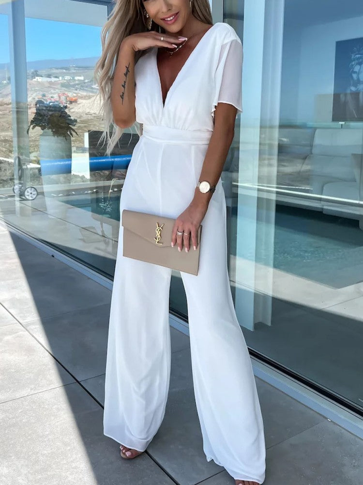 White V-Neck Mousseline Jumpsuit with Flutter Sleeves