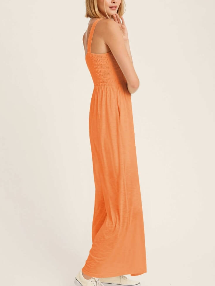 Tangerine Smocked Jumpsuit with Pockets
