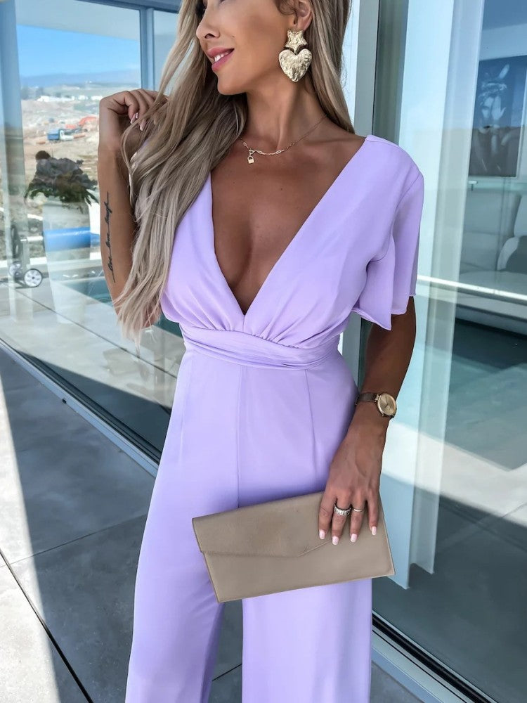 Lilac V-Neck Flutter Sleeve Mousseline Jumpsuit