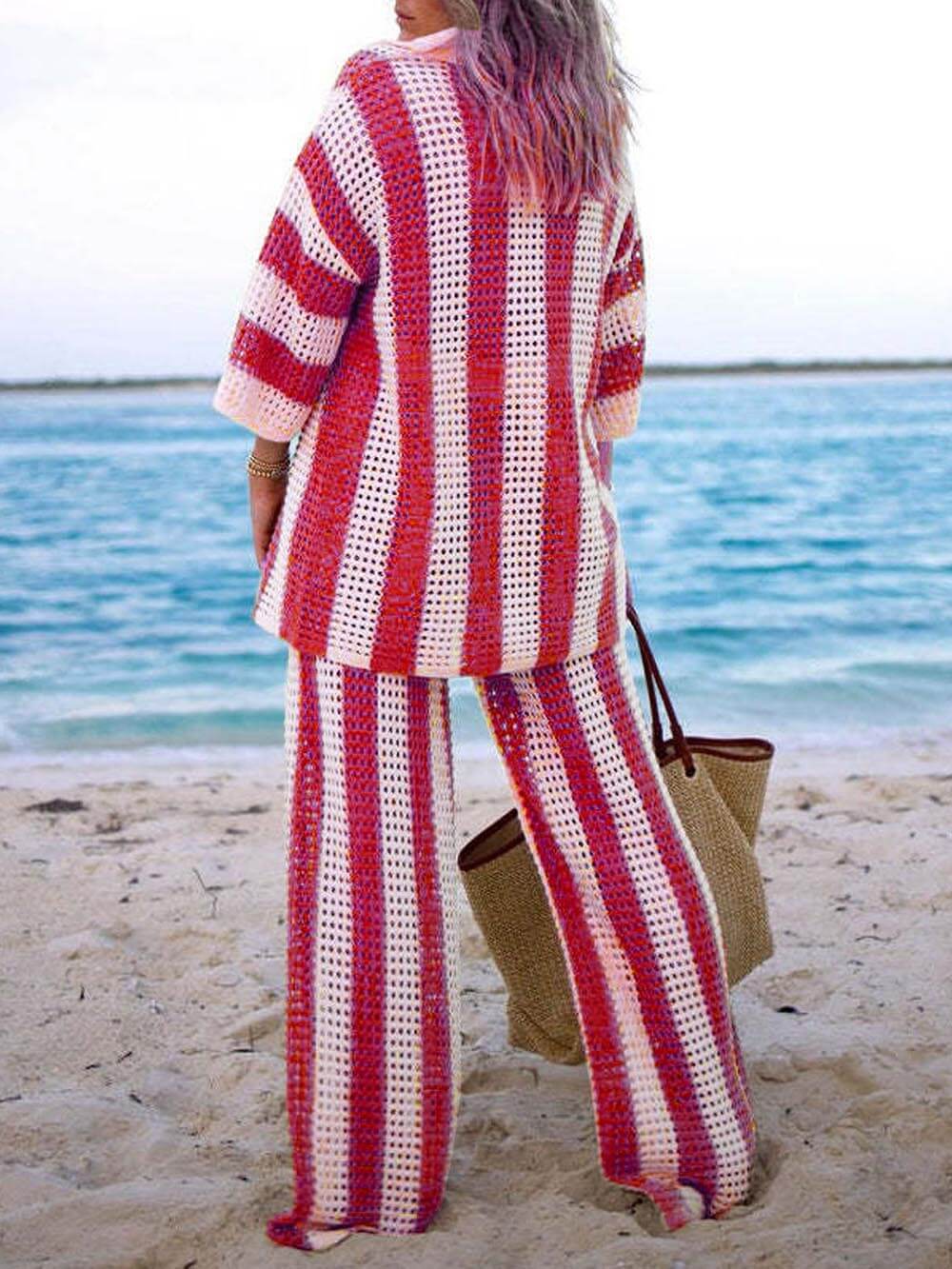 Chic Striped Wide Leg Pants Set with Loose V-Neck Hollow Out Top