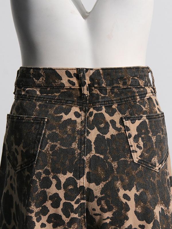 Retro Leopard Print High-Waisted Straight Leg Distressed Jeans