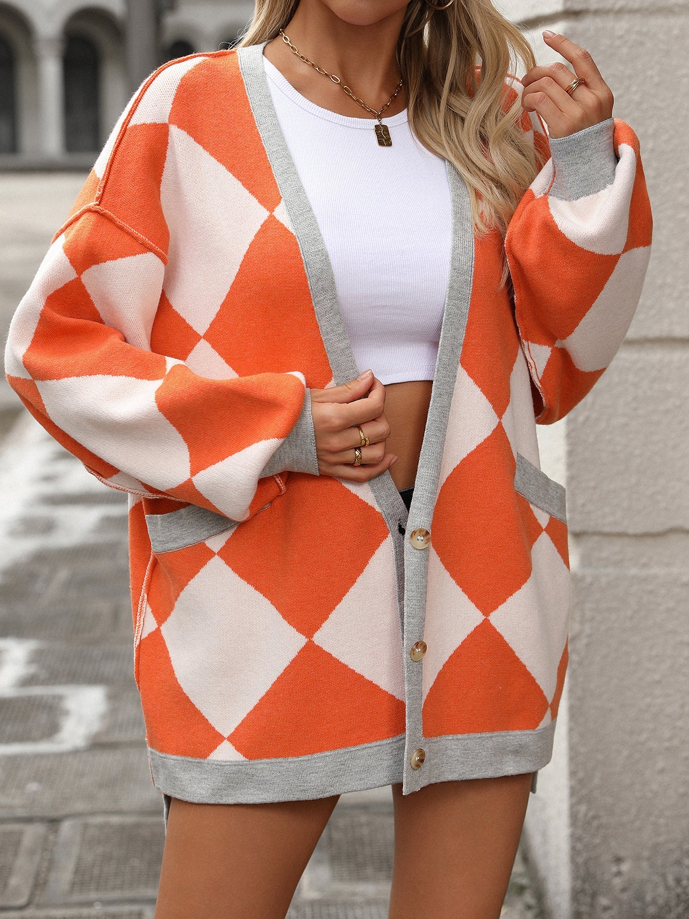 Loose Knit Cardigan with V-Neck and Diamond Check Patchwork