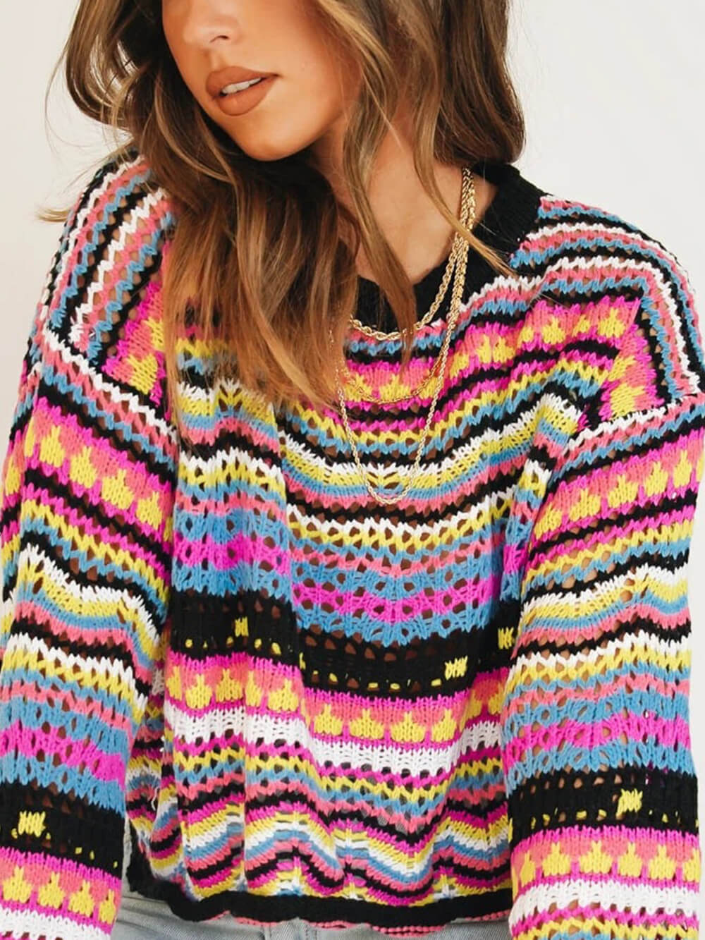 Striped Crew Neck Sweater in Mid-Tone Colors