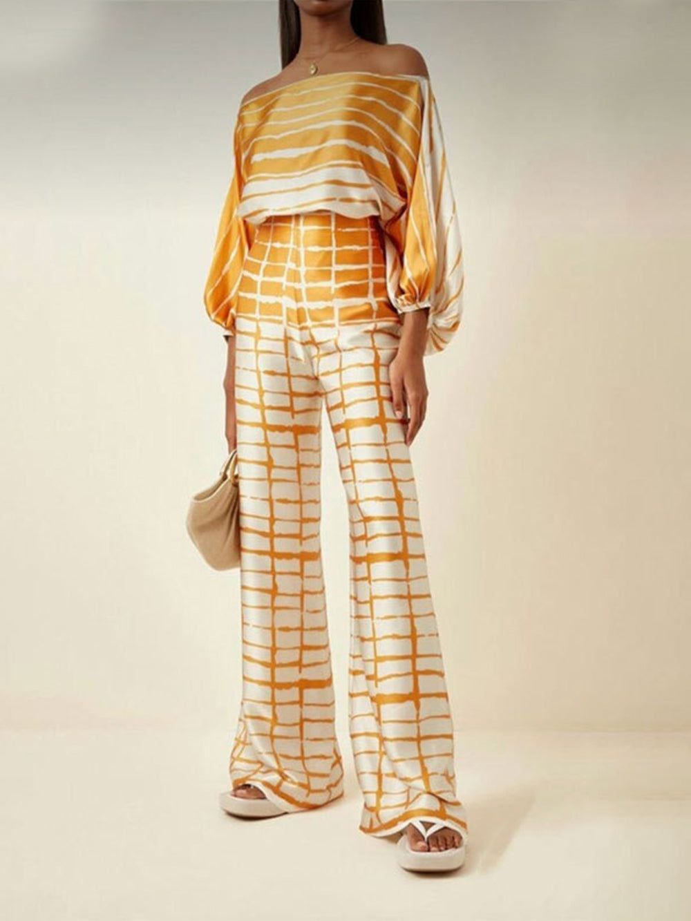 Off-Shoulder Satin Top and Trousers Ensemble