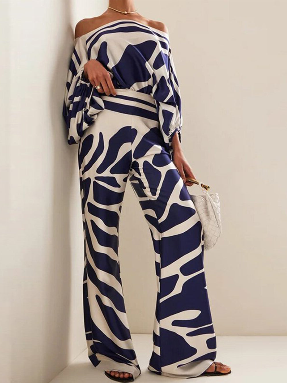 Off-Shoulder Satin Top and Trousers Ensemble