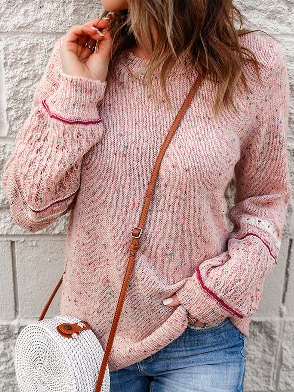 Blush Wool-Cashmere V-Neck Sweater with Dots Knit