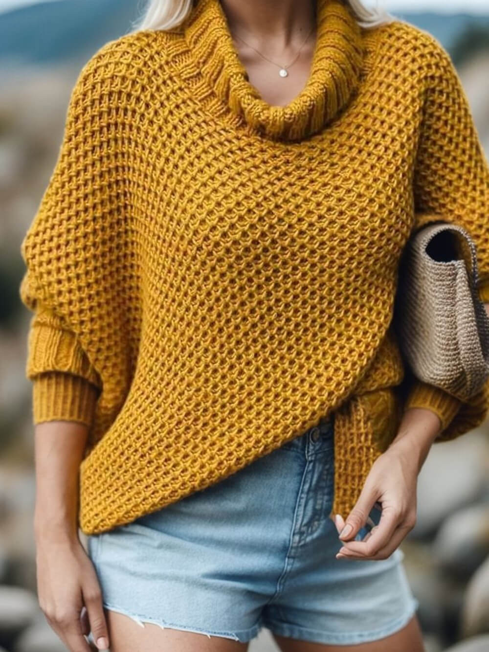Solid Turtleneck Sweater with Dolman Sleeves