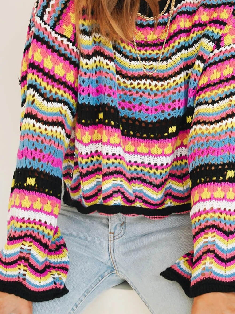 Striped Crew Neck Sweater in Mid-Tone Colors