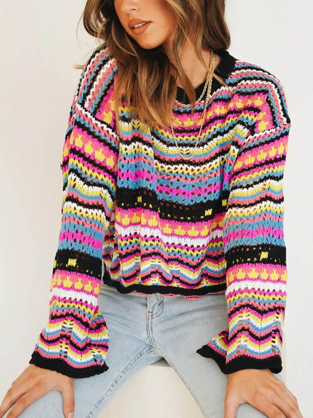 Striped Crew Neck Sweater in Mid-Tone Colors
