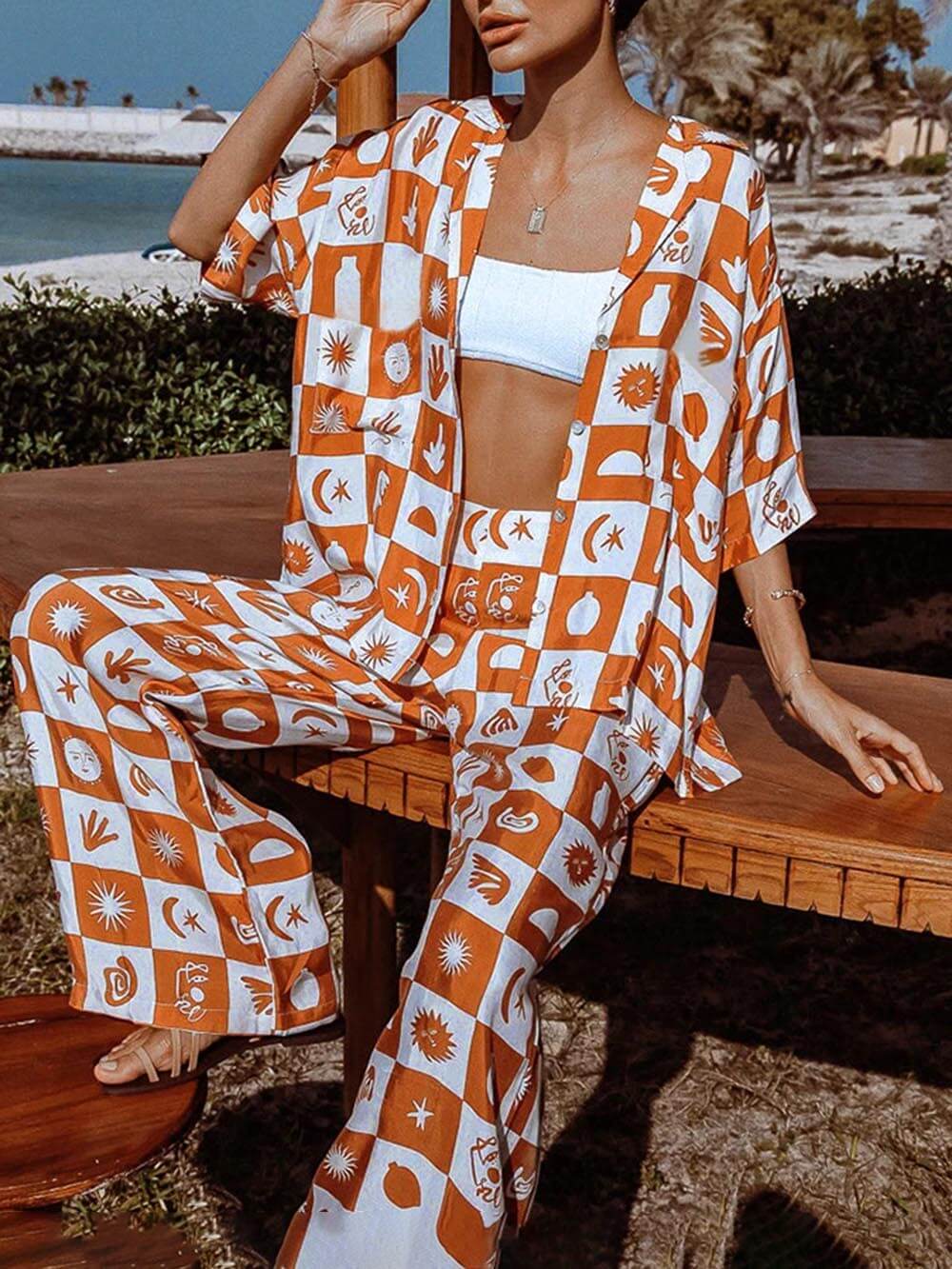 Wide Leg Pants Set with Loose Print for Afternoon Sun