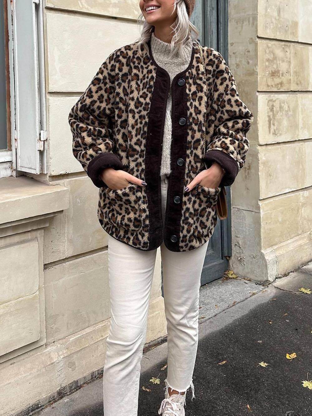 Relaxed Fit Leopard Print Long Sleeve Jacket