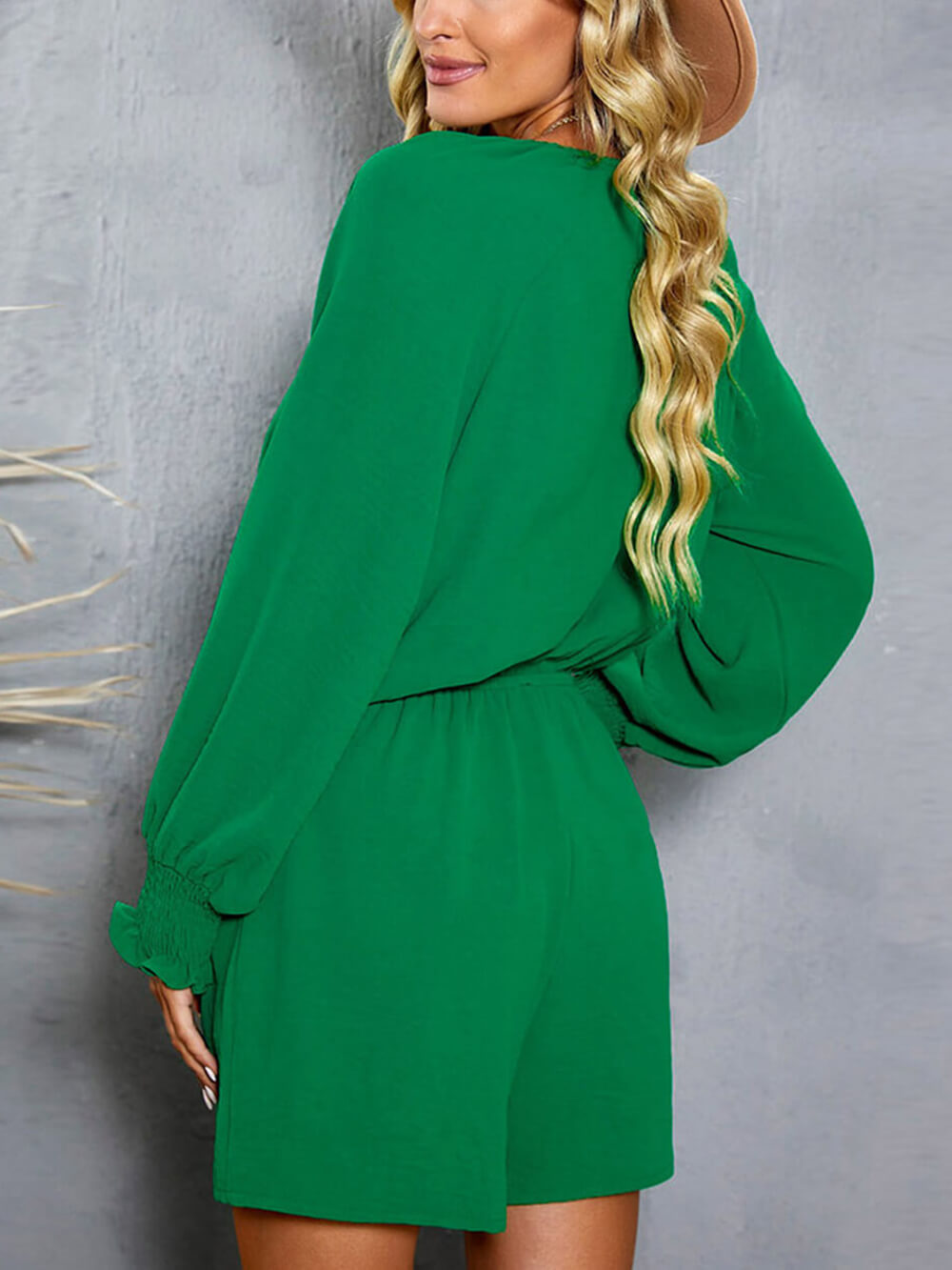 Plunge Front Tie Romper with Tied Flounce Sleeves