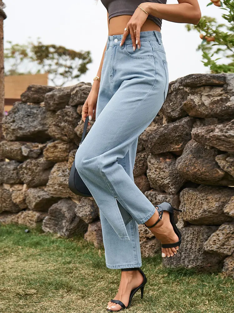 Chic Washed Denim Trousers with Trendy Split Hem