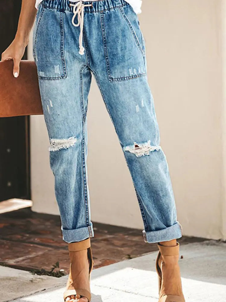 Ripped Denim Trousers with Drawstring for Autumn