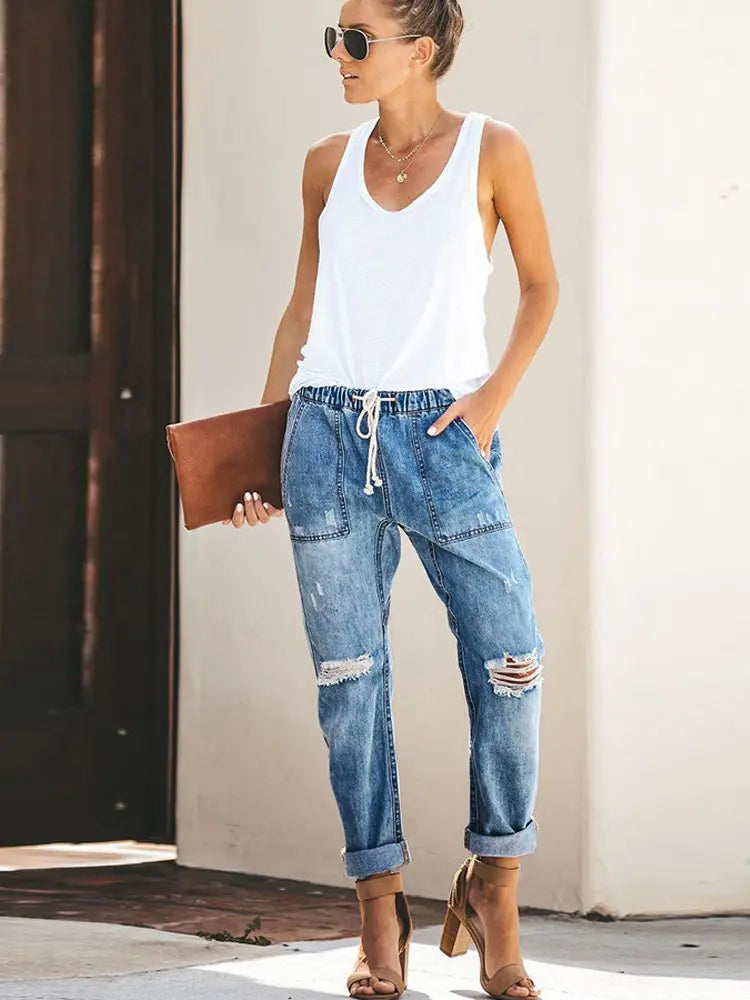 Ripped Denim Trousers with Drawstring for Autumn